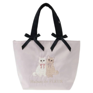 雙貓刺繡緞面雙蝴蝶結手提包(兩色可選)