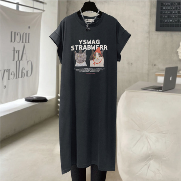 貓咪短袖開叉連身長裙(多色可選)