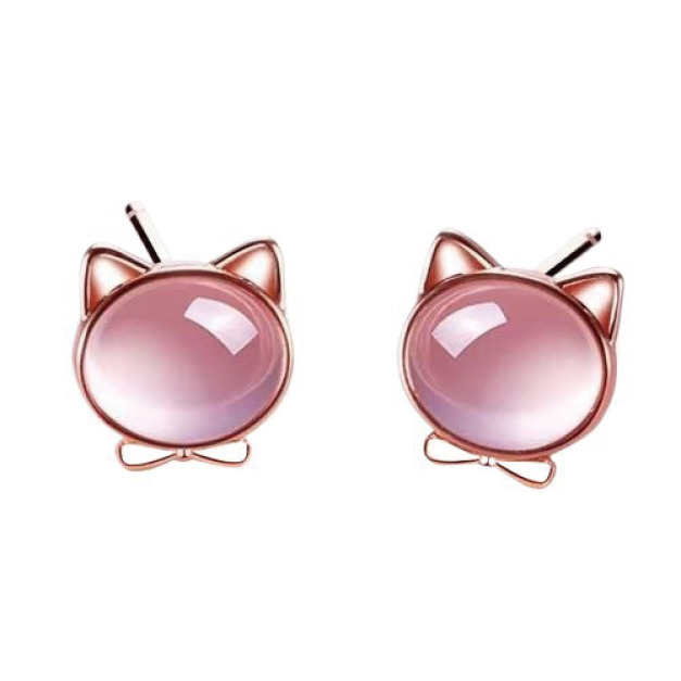 玫瑰金幸運貓蝴蝶結耳環 一對
