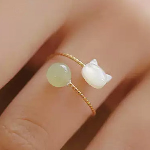 和田玉&白蝶貝貓咪造型戒指