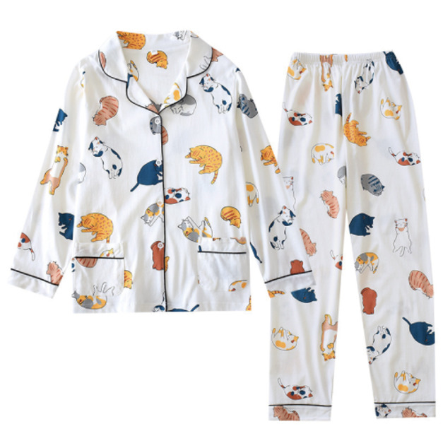 白小貓薄款棉睡衣套裝(多尺寸選)