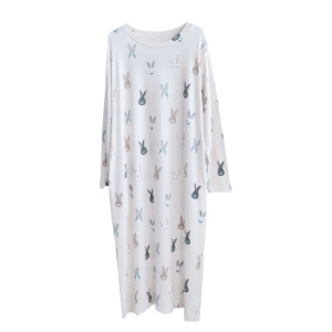 白色兔子貓咪印花莫代爾綿睡衣-長袖裙
