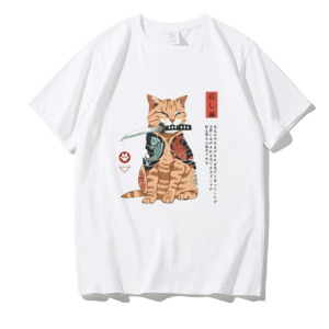日系復古咬刀猫咪寬鬆T恤(多色可選)
