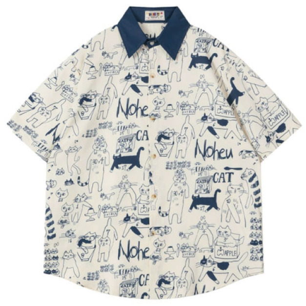 日系手繪貓印花短襯衫(多色可選)