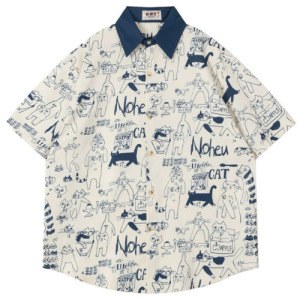 日系手繪貓印花短襯衫(多色可選)