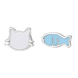 白貓藍魚不對稱耳環一對
