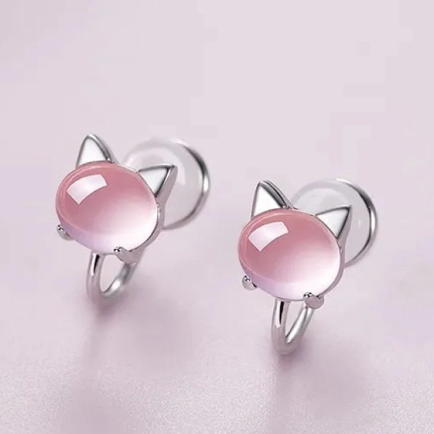 白金幸運貓咪無耳洞耳夾