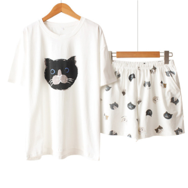 日本-貓咪印花莫代爾綿睡衣-短袖+短褲