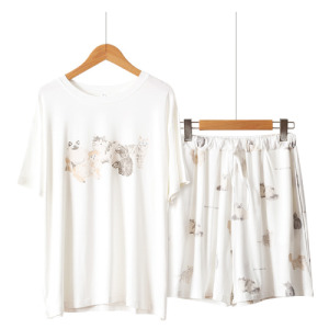 手繪貓印花莫代爾綿睡衣-短袖+短褲