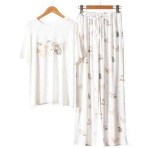 手繪貓印花莫代爾綿睡衣-短袖+長褲