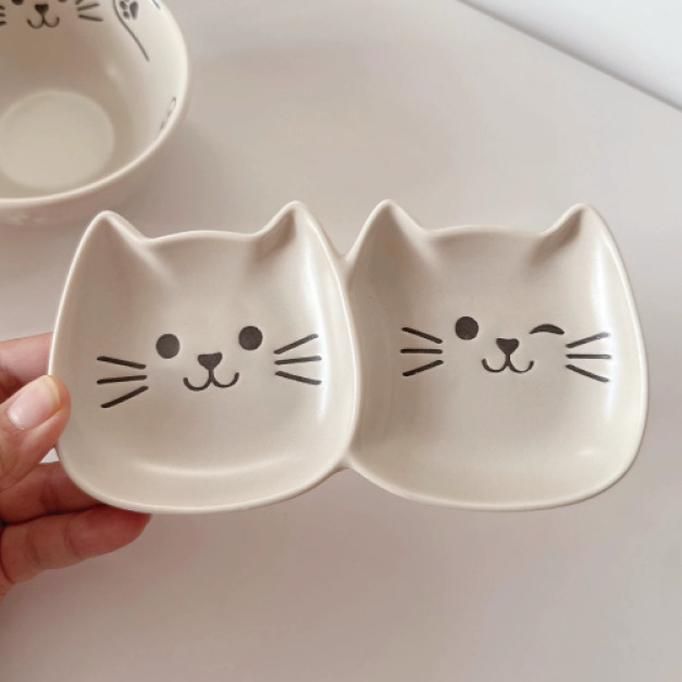 可愛貓咪陶瓷餐具-米色雙格碟