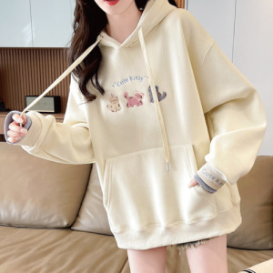 絨毛假兩件刺繡貓咪連帽T