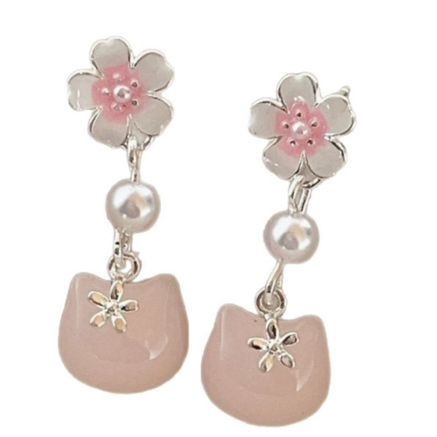粉紅色櫻花貓咪耳環
