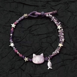 純銀鳶尾紫小魚貓咪編織手繩