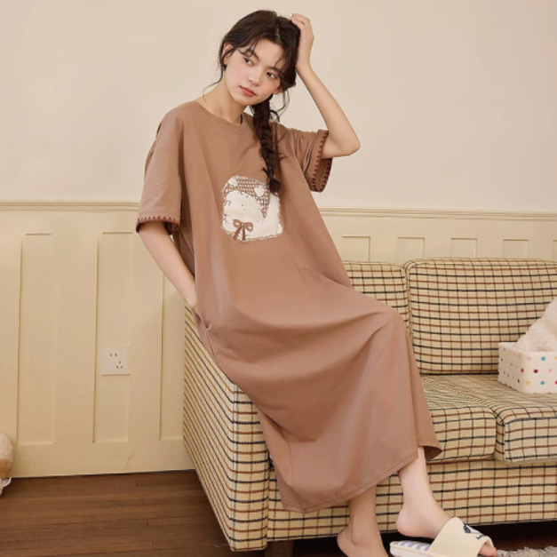 經典格紋貓咪圖案附胸墊睡衣裙(多款可選)