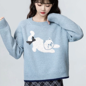 藍色立體蝴蝶結貓咪圓領毛衣