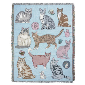 藍色貓咪流蘇針織毯 160x130cm