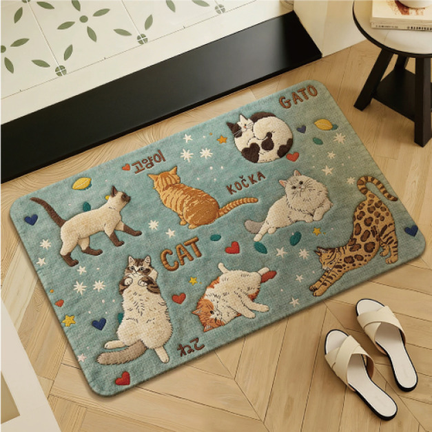 仿亞麻星心伴喵吸水地墊60x40cm(多款可選)