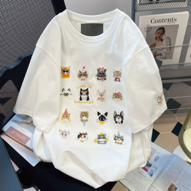 貓咪刺繡寬鬆純棉T恤(多款可選)