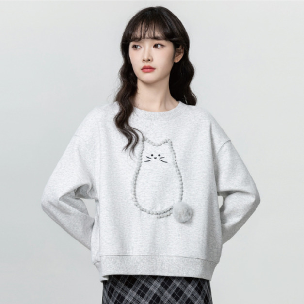 貓咪毛球刺繡落肩長袖上衣(多種尺寸)