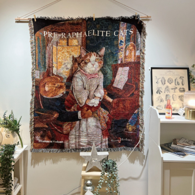 貓夫人油畫風格流蘇針織毯 160x130cm