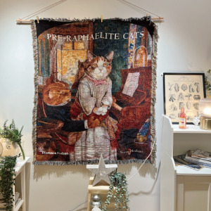 貓夫人油畫風格流蘇針織毯 160x130cm