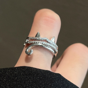 銀色個性貓咪開口指戒指