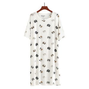 日本-貓咪印花莫代爾綿睡衣-短袖裙