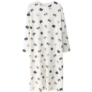 日本-貓咪印花莫代爾綿睡衣-長袖裙