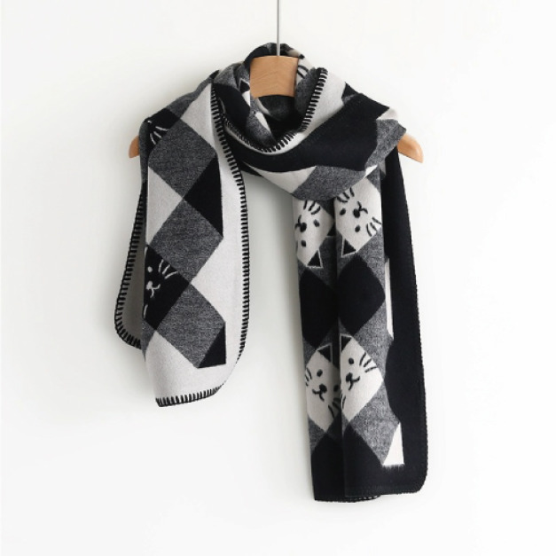 菱格雙面貓咪20%羊毛絨圍巾(多色可選)