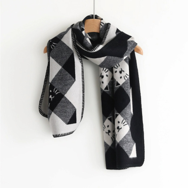 菱格雙面貓咪20%羊毛絨圍巾(多色可選)