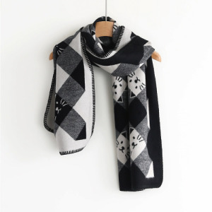 菱格雙面貓咪20%羊毛絨圍巾(多色可選)