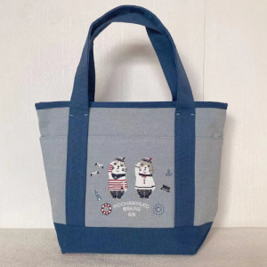 Kusuguru 刺繡海軍貓咪托特包(三色可選)