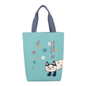 Kusuguru 日式刺繡爬貓帆布單肩包(兩色可選)