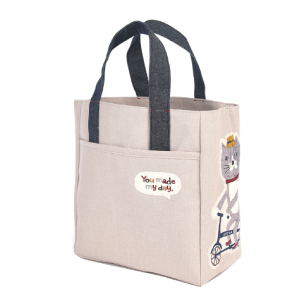 Kusuguru 雙側刺繡騎單車貓咪帆布手提包(兩色可選)