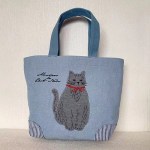 Kusuguru KUSUGURU刺繡貓咪手提包-藍色