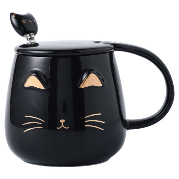 立體浮雕貓咪陶瓷杯+湯匙 400ml (三色可選)