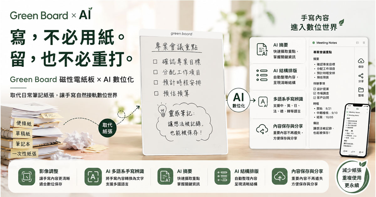 Green Board 磁性電紙板：取代筆記本與日常紙張，讓手寫自然接軌數位世界