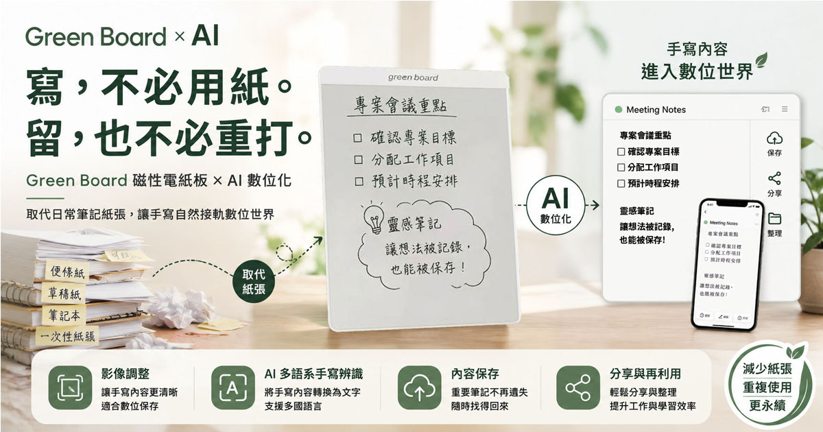 Green Board 磁性電紙板：取代筆記本與日常紙張，讓手寫自然接軌數位世界