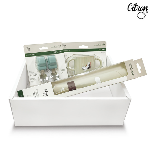 【Citron】幼兒餐具禮盒(交通工具-迷你矽膠杯+矽膠餐墊+幼兒餐具兩件組湖水綠)