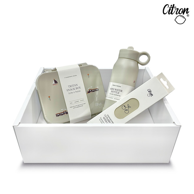 【Citron】經典餐具禮盒(交通工具-三層保溫瓶_250ml+點心盒+兒童餐具四件組_奶油白)
