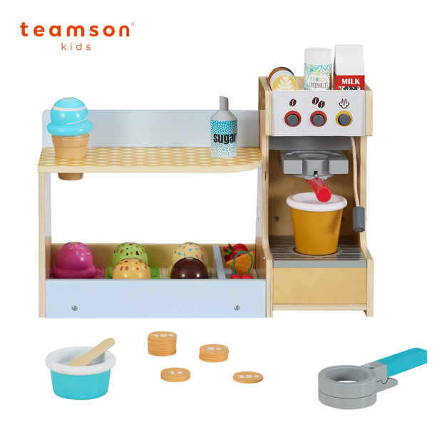 『加碼下單禮:即日起~9/6』【Teamson kids】木製冰淇淋咖啡機攤販豪華玩具組(附小畫板)(下單贈湯姆貓與傑利鼠筆電玩具組)