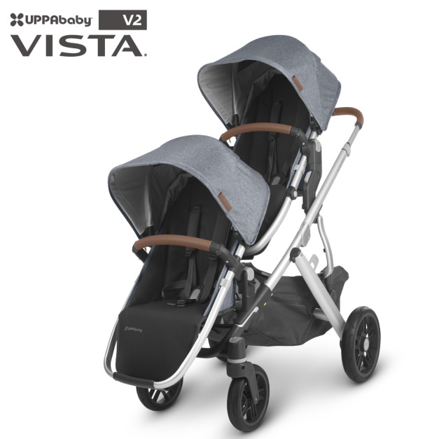 『福利品特賣會-無盒/瑕疵』【UPPAbaby】VISTA V2雙寶推車-藍灰色24(內含:防蚊帳*2+擋雨罩*1+贈上座加高器*1+贈車輪反光片(1組4片)）