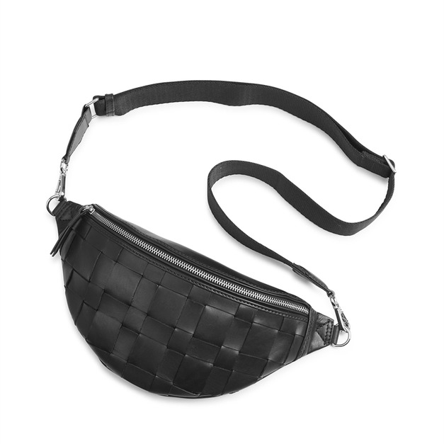 MARKBERG Elinor 丹麥手工牛皮時尚艾利諾寬帶編織腰包 胸包 斜背包 側肩包 (編織黑)