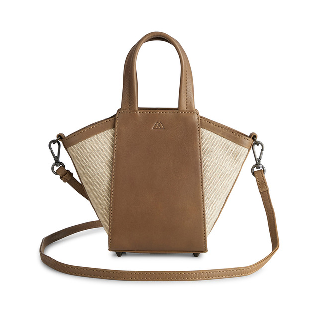 MARKBERG Haylen 丹麥手工牛皮典雅海倫肩背包 側肩包 斜背包 手提包 真皮包 小托特包 (亞麻帆布與牛皮 駝)