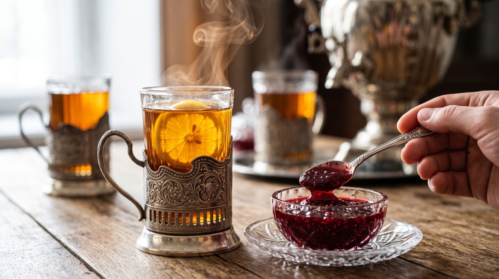 俄羅斯紅茶文化指南：傳統雕花金屬茶炊Samovar、玻璃茶杯架與手工果醬茶席