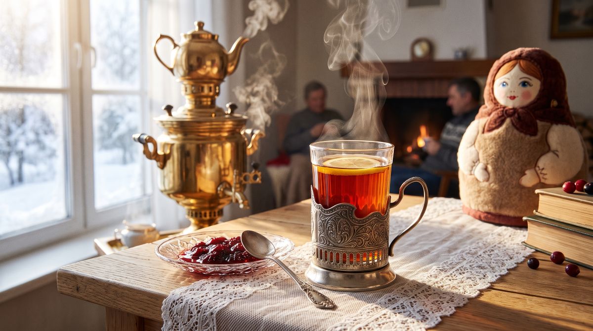 俄羅斯紅茶經典飲法：精緻雕花金屬杯架玻璃杯、野生莓果醬與滾燙澄澈紅茶