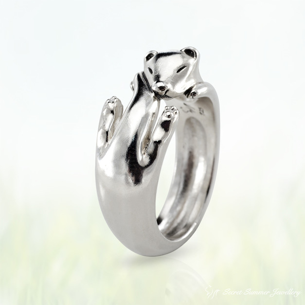 手工925純銀【雪貂戒指Ferret Animal Wrap Ring】睡夢中的小惡魔 - 動物戒指