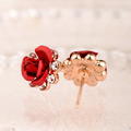 耳環 高級水鑽 合金鍍K金 紅色玫瑰花 耳環 微醺 禮物_1
