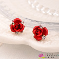 耳環 高級水鑽 合金鍍K金 紅色玫瑰花 耳環 微醺 禮物_2